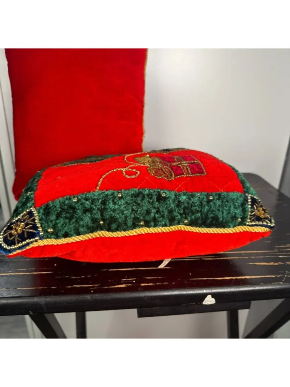 Vintage 3 crush Velvet Sequin Blue Red Green Christmas Tree Presents Pillows